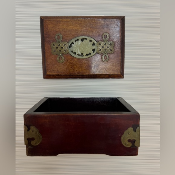 Rose Wood Jewelry Box Metal Accents Jade Floral Inlay Lift Off Top China - Picture 1 of 14
